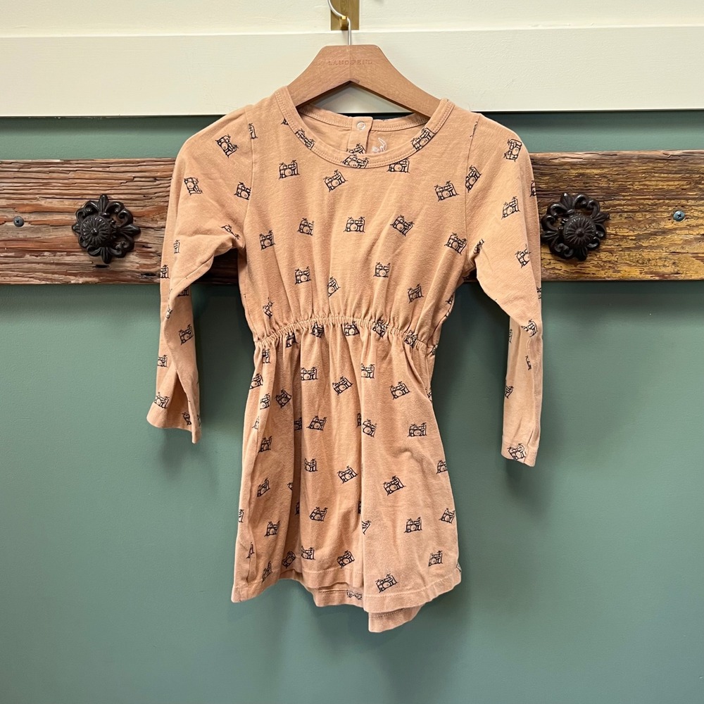 Kate Quinn Little Liam Organic Cotton Drum Set Print Long Sleeve‎ Dress Tan 6Y